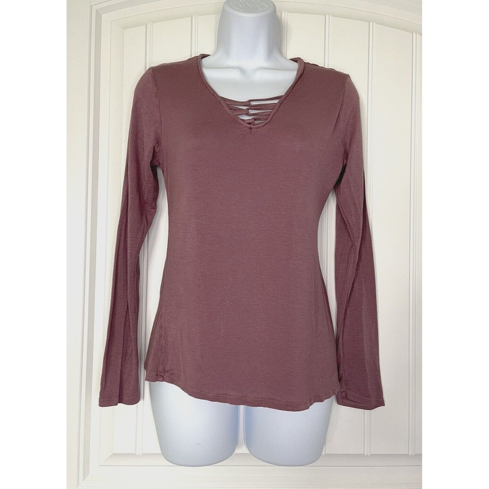 Glitz Women's V Neck Hi-Low Purple T-Shirt Top Long Sleeve Large